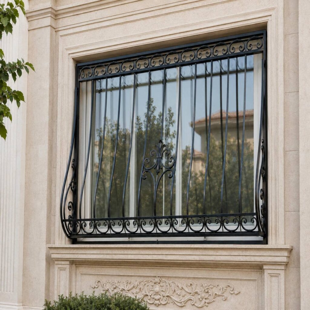 نصب حفاظ پنجره مشکی طلایی روی نما