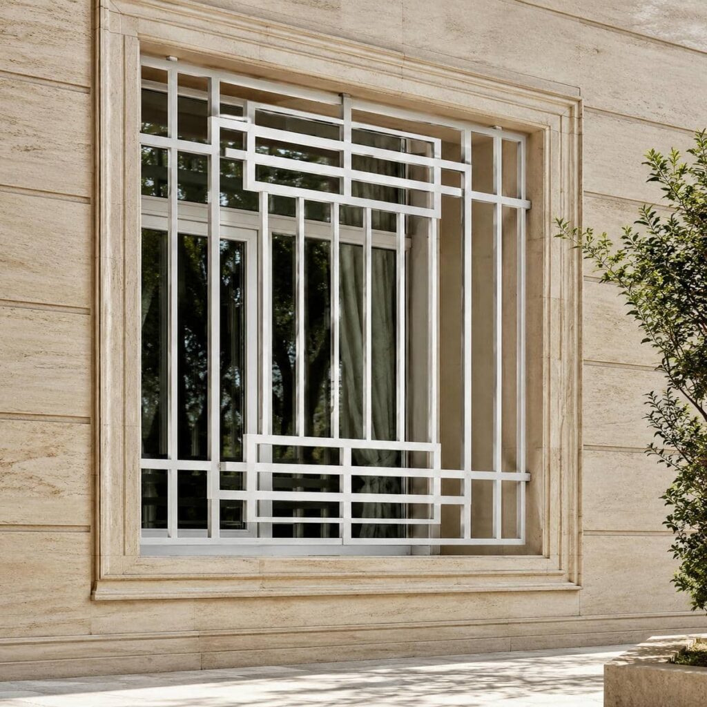 گارد پنجره سفید در استان قم روی نمای آجری روشن